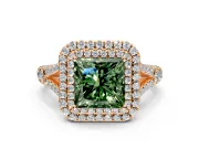 Double Halo Engagement Ring Setting for Fancy Green Princess Cut Center with Narrow Pave Split Shank and Prong Head in Rose Gold
