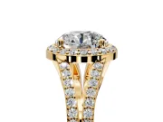 Halo Engagement Ring Setting for Round Cut Center with Pave Split Shank and Prong Head in Yellow Gold