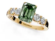 5 Stone Engagement Ring Setting for Fancy Green Emerald Cut Center with Plain Band and Prong Head in Yellow Gold