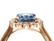 Milgrain Halo Engagement Ring Setting for Fancy Blue Asscher Cut Center with Bezel Point Accents and Prong Head in Rose Gold