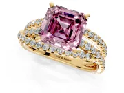 Solitaire Engagement Ring Setting for Fancy Pink Asscher Cut Center with Woven 3-Strand Pave Band and Prong Head in Yellow Gold