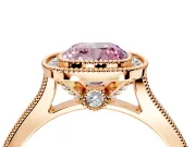 Halo Engagement Ring Setting for Fancy Pink Cushion Cut Center with Milgrain Pave Band and Bezel Head in Rose Gold