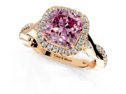 Halo Engagement Ring Setting for Fancy Pink Cushion Cut Center with Twist Band and Prong Head in Rose Gold