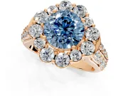 Large Accent Halo Engagement Ring Setting for Fancy Blue Round Cut Center with Pave Split Shank and Prong Head in Rose Gold