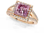 Halo Engagement Ring Setting for Fancy Pink Princess Cut Center with Pave Split Shank and Prong Head in Rose Gold