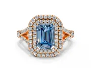 Double Halo Engagement Ring Setting for Fancy Blue Emerald Cut Center with Narrow Pave Split Shank and Prong Head in Rose Gold