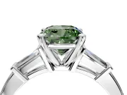 3 Stone Engagement Ring Setting for Fancy Green Cushion Cut Center with Channel Baguette Accents and Prong Head in White Gold