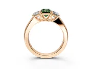 3 Stone Engagement Ring Setting for Fancy Green Emerald Cut Center with Raised Basket Heads and Prong Head in Rose Gold