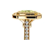 Halo Engagement Ring Setting for Fancy Yellow Radiant Cut Center with Milgrain Frame, Pave Band and Prong Head in Yellow Gold