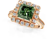 Milgrain Halo Engagement Ring Setting for Fancy Green Princess Cut Center with Bezel Point Accents and Prong Head in Rose Gold