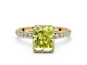 Hidden Halo Engagement Ring Setting for Fancy Yellow Radiant Cut Center with Pave Band and Prong Head in Yellow Gold