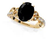 Leaf Motif Engagement Ring Setting for Fancy Black Oval Center with Pave Band and Prong Head in Yellow Gold