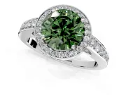 Bezel-Framed Halo Engagement Ring Setting for Fancy Green Round Cut Center with Pave Band and Prong Head in Platinum