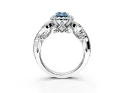 Milgrain Halo Engagement Ring Setting for Fancy Blue Emerald Cut Center with Shoulder Bezels and Prong Head in Platinum