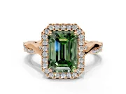 Halo Engagement Ring Setting for Fancy Green Emerald Cut Center with Twist Band and Prong Head in Rose Gold