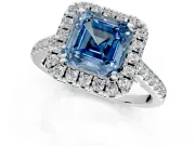 Halo Engagement Ring Setting for Fancy Blue Asscher Cut Center with Raised Halo, Pave Band and Prong Head in Platinum
