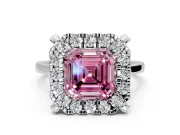 Single Halo Engagement Ring Setting for Fancy Pink Asscher Cut Center with Corner Claws, Plain Band and Prong Head in Platinum