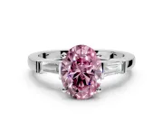 3 Stone Engagement Ring Setting for Fancy Pink Oval Center with Channel Baguette Accents and Prong Head in Sterling Silver