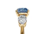 3 Stone Engagement Ring Setting for Fancy Blue Cushion Cut Center with Large Pear-Shaped Accents and Prong Head in Yellow Gold
