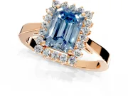 Starburst Halo Engagement Ring Setting for Fancy Blue Emerald Cut Center with Flat Cathedral Band and Prong Head in Rose Gold