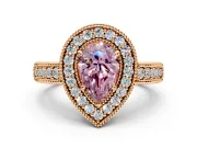 Milgrain Halo Engagement Ring Setting for Fancy Pink Pear-Shaped Center with Pave Band and Prong Head in Rose Gold