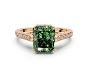 Cathedral Engagement Ring Setting for Fancy Green Radiant Cut Center with Antique-Style Pave Band and Prong Head in Rose Gold