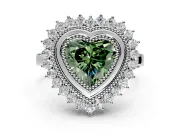 Halo Engagement Ring Setting for Fancy Green Heart-Shaped Center with Milgrain Bezel Rim, Plain Band and Prong Head in Sterling Silver