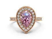 Halo Engagement Ring Setting for Fancy Pink Pear-Shaped Center with Milgrain Pave Band and Bezel Head in Rose Gold