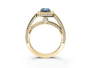 Halo Engagement Ring Setting for Fancy Blue Emerald Cut Center with Framed Halo, Pave Band and Prong Head in Yellow Gold