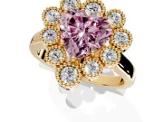 Cluster Halo Engagement Ring Setting for Fancy Pink Heart-Shaped Center with Milgrain Bezel Accents and Prong Head in Yellow Gold