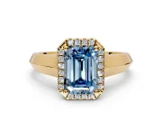 Halo Engagement Ring Setting for Fancy Blue Emerald Cut Center with Knife Ridge Cathedral Band and Prong Head in Yellow Gold