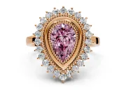 Halo Engagement Ring Setting for Fancy Pink Pear-Shaped Center with Milgrain Bezel Rim, Plain Band and Prong Head in Rose Gold