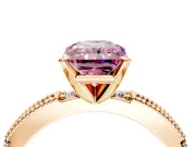 Solitaire Engagement Ring Setting for Fancy Pink Radiant Cut Center with Milgrain-Edged Pave Band and Prong Head in Rose Gold