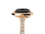 Halo Engagement Ring Setting for Fancy Black Radiant Cut Center with Pave Accents, Heart Basket and Prong Head in Rose Gold