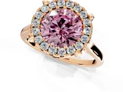 Single Halo Engagement Ring Setting for Fancy Pink Round Cut Center with Corner Claws, Plain Band and Prong Head in Rose Gold
