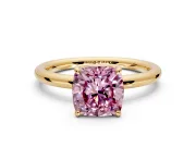 Low-Set Solitaire Engagement Ring Setting for Fancy Pink Cushion Cut Center with Thin Plain Band and Prong Head in Yellow Gold