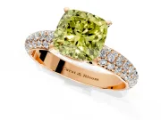 Solitaire Engagement Ring Setting for Fancy Yellow Cushion Cut Center with Domed Multi-Row Pave Band and Prong Head in Rose Gold