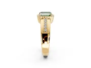 Halo Engagement Ring Setting for Fancy Green Asscher Cut Center with Wide Band, Inlaid Accent Row and Prong Head in Yellow Gold