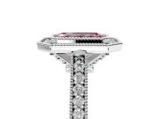 Halo Engagement Ring Setting for Fancy Pink Emerald Cut Center with Milgrain Pave Band and Bezel Head in Platinum