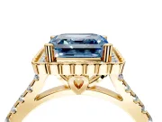 Milgrain Floral Halo Engagement Ring Setting for Fancy Blue Asscher Cut Center with Pave Band and Prong Head in Yellow Gold