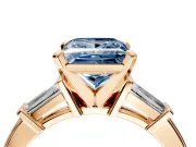 3 Stone Engagement Ring Setting for Fancy Blue Princess Cut Center with Channel Baguette Accents and Prong Head in Rose Gold
