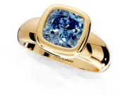 Solitaire Engagement Ring Setting for Fancy Blue Cushion Cut Center with Wide Band and Bezel Head in Yellow Gold
