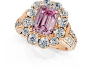 Large Accent Halo Engagement Ring Setting for Fancy Pink Emerald Cut Center with Pave Split Shank and Prong Head in Rose Gold