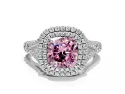 Double Halo Engagement Ring Setting for Fancy Pink Cushion Cut Center with Narrow Pave Split Shank and Prong Head in Platinum