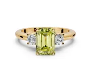 3 Stone Engagement Ring Setting for Fancy Yellow Emerald Cut Center with Wide Plain Band and Prong Head in Yellow Gold