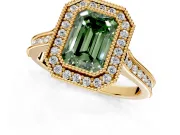 Halo Engagement Ring Setting for Fancy Green Emerald Cut Center with Milgrain Pave Band and Bezel Head in Yellow Gold
