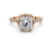 Halo Engagement Ring Setting for Cushion Cut Center with Openwork Halo, Pave Band and Prong Head in Rose Gold