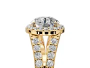 Halo Engagement Ring Setting for Round Cut Center with Narrow Pave Split Shank and Prong Head in Yellow Gold