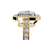 Bezel-Framed Halo Engagement Ring Setting for Radiant Cut Center with Pave Band and Prong Head in Yellow Gold