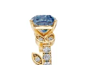 Leaf Motif Engagement Ring Setting for Fancy Blue Cushion Cut Center with Pave Band and Prong Head in Yellow Gold